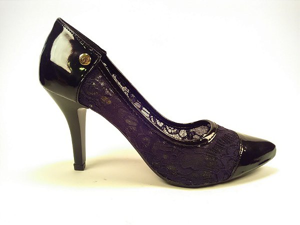 Scarpin Alto Chic Preto Verniz Renda