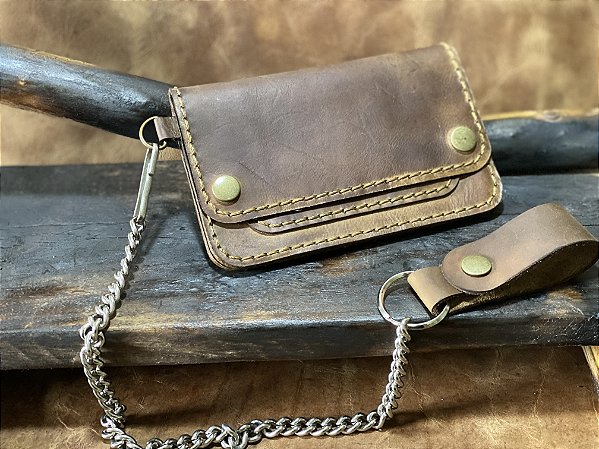 Carteira BIKER TRADICIONAL com corrente para Motociclista - Couro Marron Envelhecido