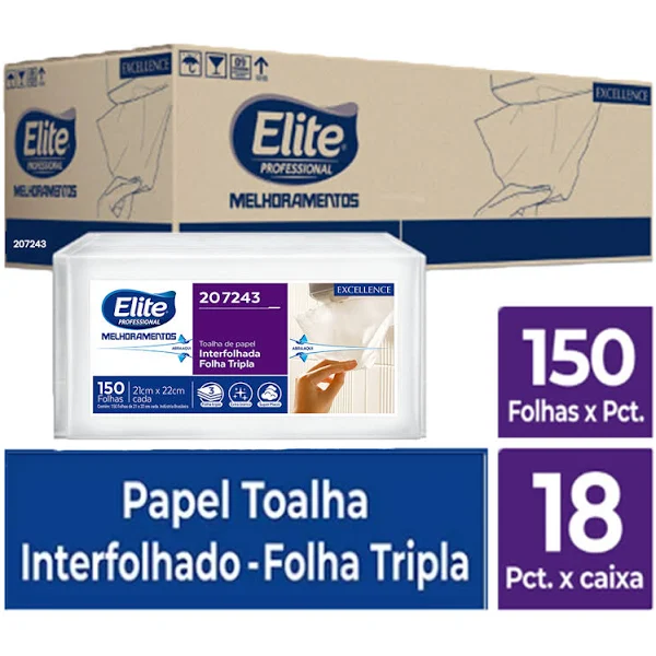 Papel Toalha Interfolha Folha Tripla Elite Caixa c/ 18x150 Un.