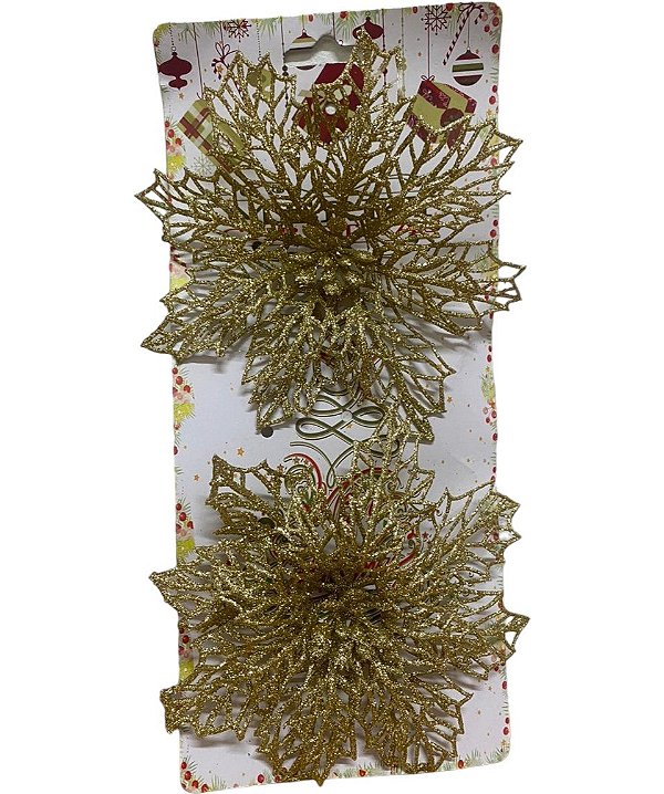 Enfeite Árvore de Natal Flor Vazada Dourada 12cm C/ 2 Unidade