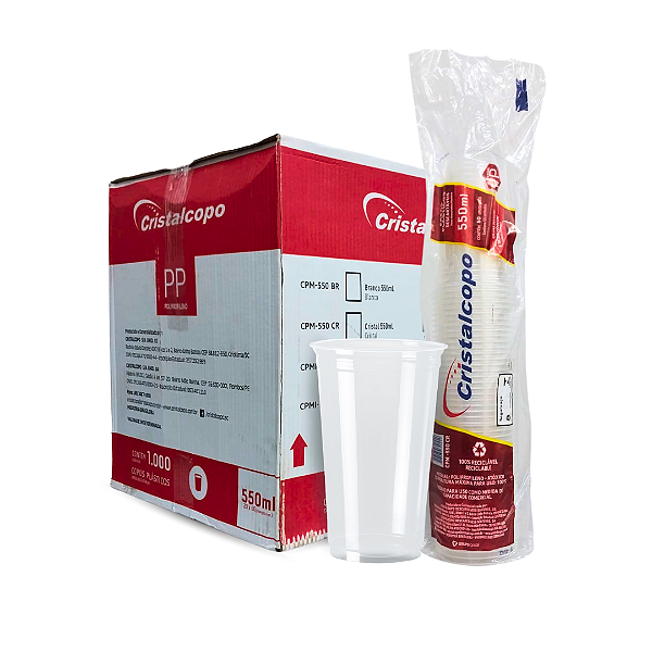 Copo Descartável 550ml Resistente PP Transparente Cristalcopo Caixa com 1000 Unidades