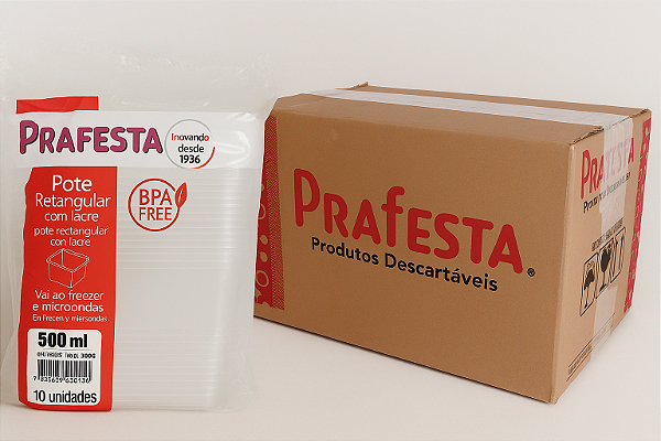 Caixa Pote c/ Lacre 500ml Retangular Prafesta - c/ 200 und.