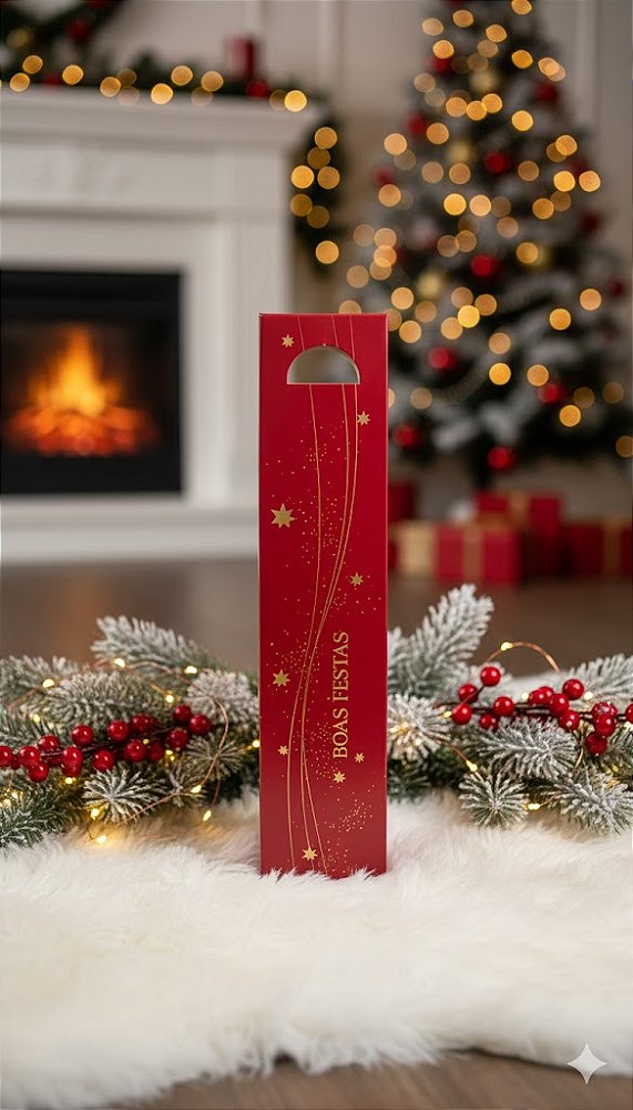 Caixa p/ Vinho 'Boas Festas' -8,5x8,5x39 cm