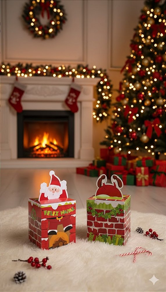 Caixa Chaminé Papai Noel - 14x14x25 cm