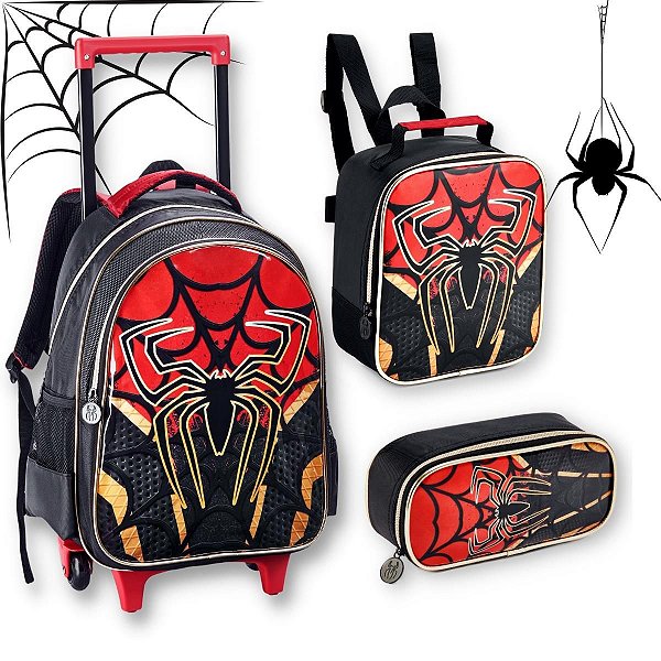 Kit Mochila Homem Spider Dark Aranha Infantil Rodinhas