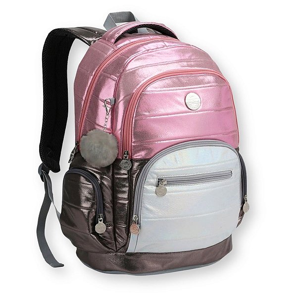 Mochila Feminina Juvenil Metalizada Pompom