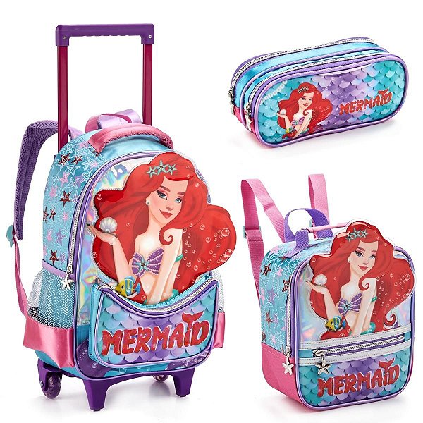 Kit Mochila Rodinha Infantil Denlex Escola Meninas Mermaid