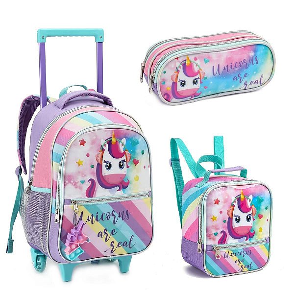 Kit Mochila Escolar Infantil Com Rodinhas Unicórnio Pop It