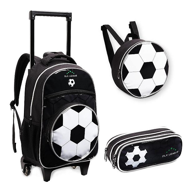 Kit Mochila Infantil Denlex Rodinhas Futebol Masculina Escolar Bola