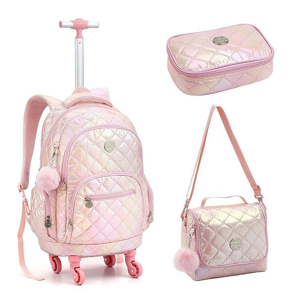 Kit Mochila Rodinha360° Juvenil Feminina Holográfica Seanite