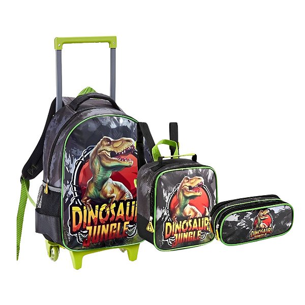 Kit Mochila Rodinha Lancheira Estojo Dinossauro Menino