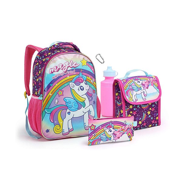Kit Mochila Costas 4 Itens Unicornio Magic Garota Escolar