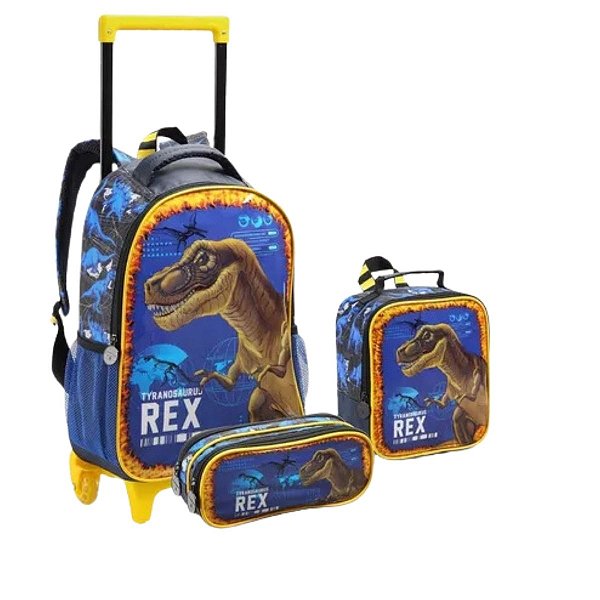 Kit Mochila Escolar Infantil Rodinhas Dinossauro