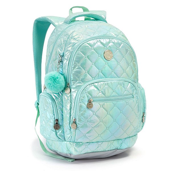 Mochila Feminina Escolar Juvenil Metalizada Metelassê Pompom