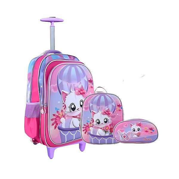 Kit Mochila Rodinha 3D Lancheira Estojo Gatinha Escolar