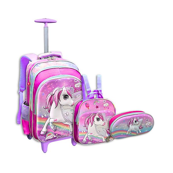 Kit Mochila Costas Unicórnio 3d Estojo Lancheira Meninas