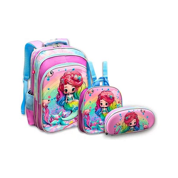 Kit Mochila Costas Sereia 3d Estojo Lancheira Menina Escolar Fast Bag