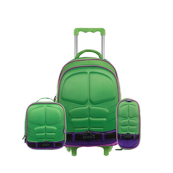 Kit Mochila Rodinha Herói Verde Forte Meninos Escolar