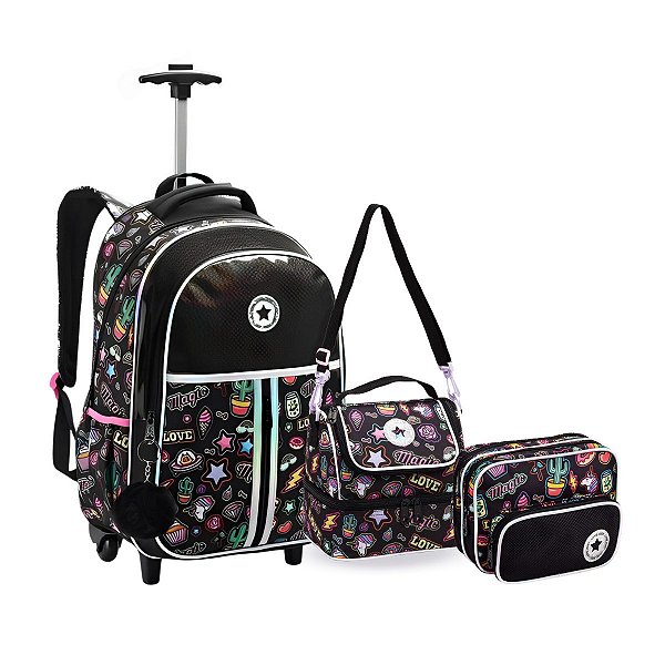 Kit Mochila Rodinha Juvenil Escolar Estilosa Emojis Pom Pom
