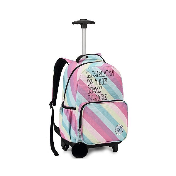 Mochila Rodinha Listrada Chaveiro Pom Pom Meninas Escolar