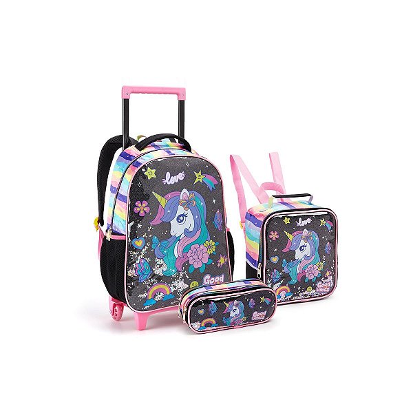 Kit Mochila Rodinha Unicornio Confete Escolar Meninas