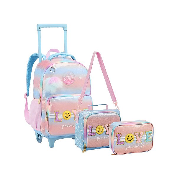 Mochila Rodinha Infantil Meninas Arco Íris Chaveiro Pom Pom