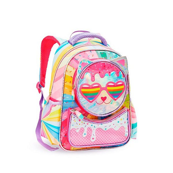 Mochila Costas Creche Gatinho Pré Escola Cat Holográfico