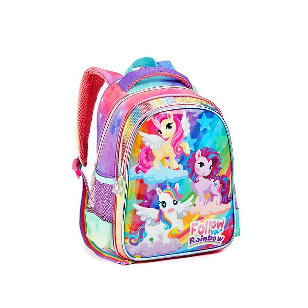 Mochila Costas Creche Unicónio Arco Iris Meninas Pré Escola