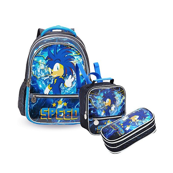 Kit Mochila Costas Lancheira Estojo Azul Game Jogos Escolar