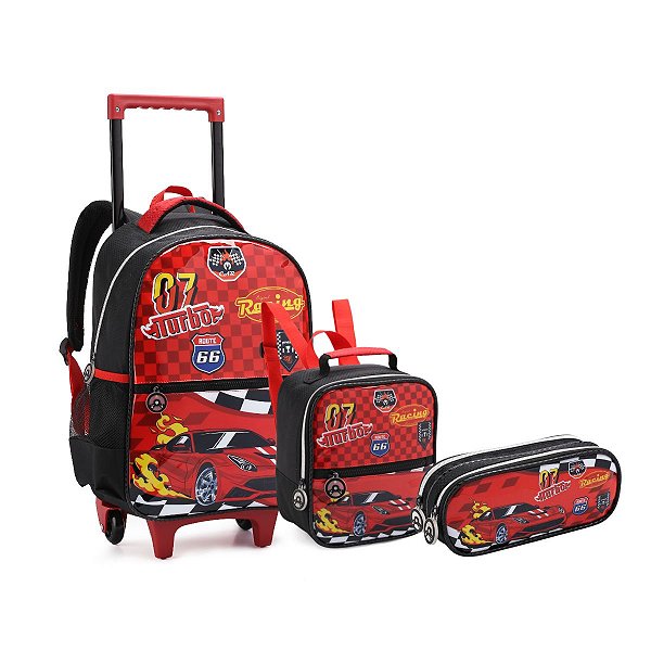 Kit Mochila Rodinha Carros Meninos Escolar Pista De Corrida