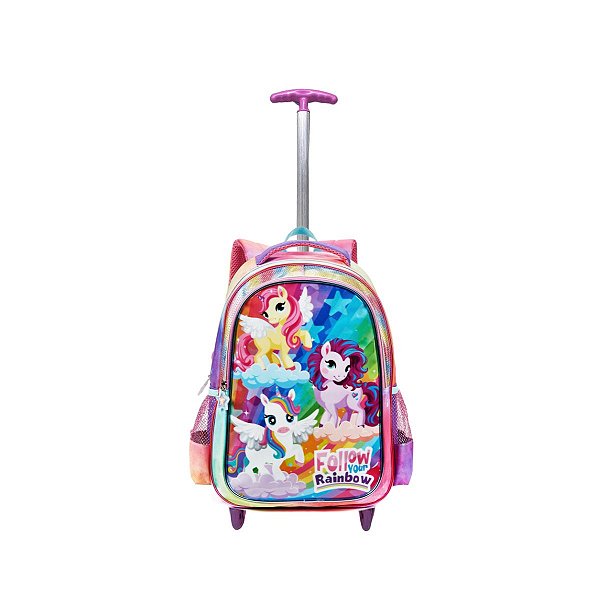 Mochila Rodinha Unicórnio Arco Iris Meninas Escolar Colorida