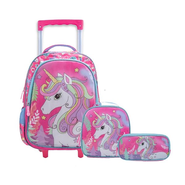 Kit Mochila Rodinhas Infantil Meninas Escolar Unicórnio