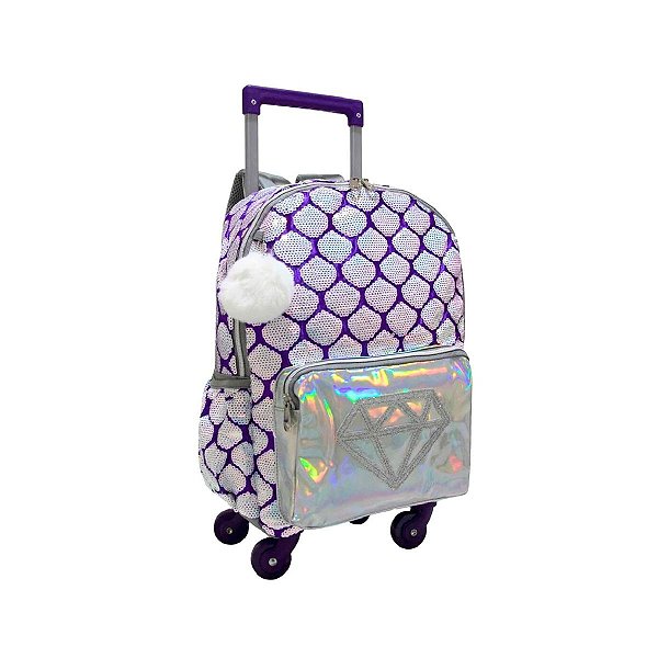 Mochila Rodinha Paetê Diamante Com Pompom Meninas Escola