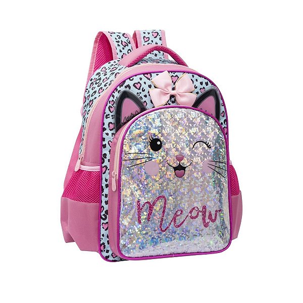 Mochila Costas Infantil Meninas Gatinho Metalizada