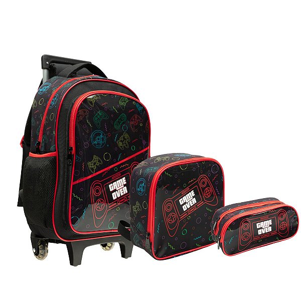 Kit Mochila Rodinha Lancheira Estojo Game Over Menino Escola