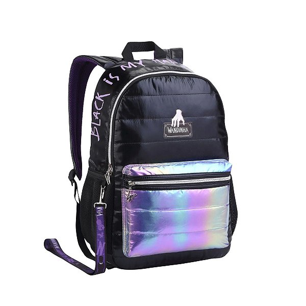 Mochila Costas Wandinha Addams Holográfica Puffer Escolar