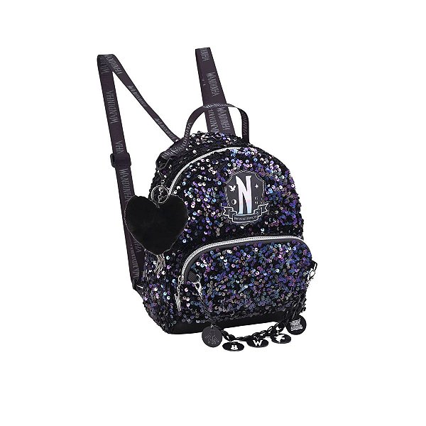 Mini Mochila Wandinha Addams Infantil Paetê Chaveiro