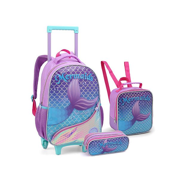 Kit Mochila Rodinha Lancheira Estojo Sereia Escolar Meninas
