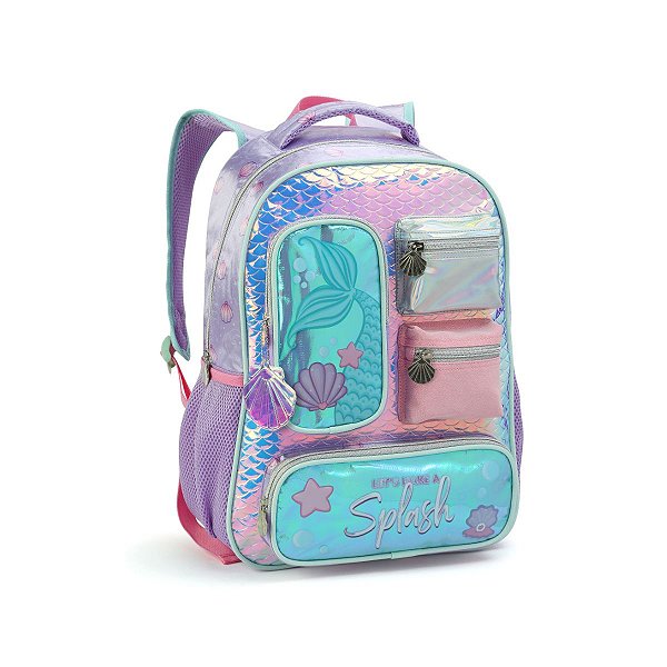Mochila Costas Infantil Sereia Escolar Holográfica Espaçosa