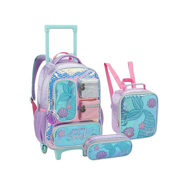 Kit Mochila Rodinha Escolar Splash Sereia Meninas 3 Peças