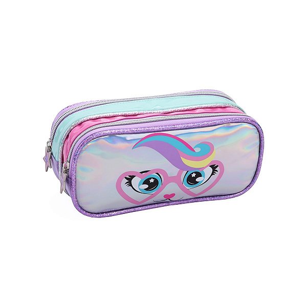 Estojo Duplo Escolar Infantil Gatinho Estrela Holográfico