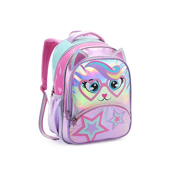 Mochila Creche Infantil Gatinho Estrela Holográfica Meninas