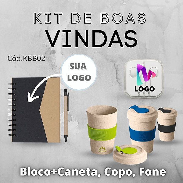 KIT DE BOAS VINDAS MODELO 02 - FONE + COPO DE BAMBU + BLOCO DE ANOTAÇÃO + CANETA.