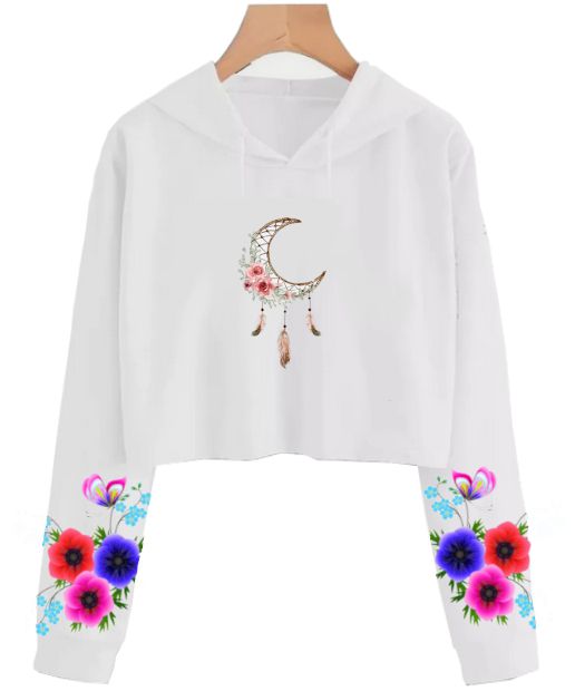 Cropped de moletom branco estampado nas mangas | Filtro dos sonhos Lua