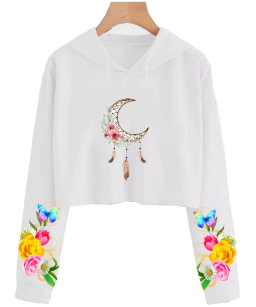 Cropped de moletom branco estampado nas mangas | Filtro dos sonhos Lua 2