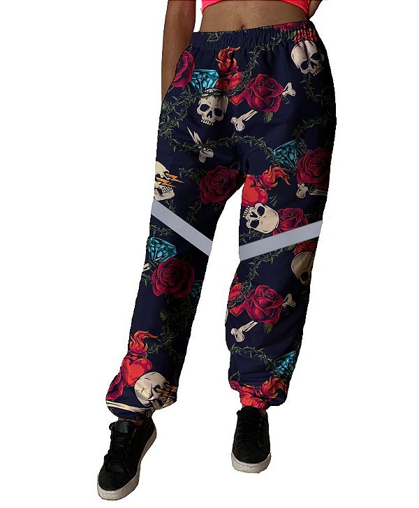 Calça de Tactel Tecido Leve | Esqueleto Rosas Com Faixa Refletiva