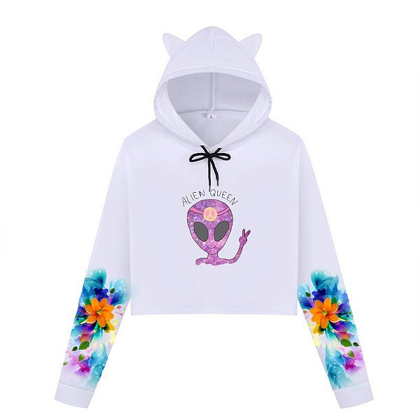 Cropped de moletom branco estampado nas mangas | Alien Queen