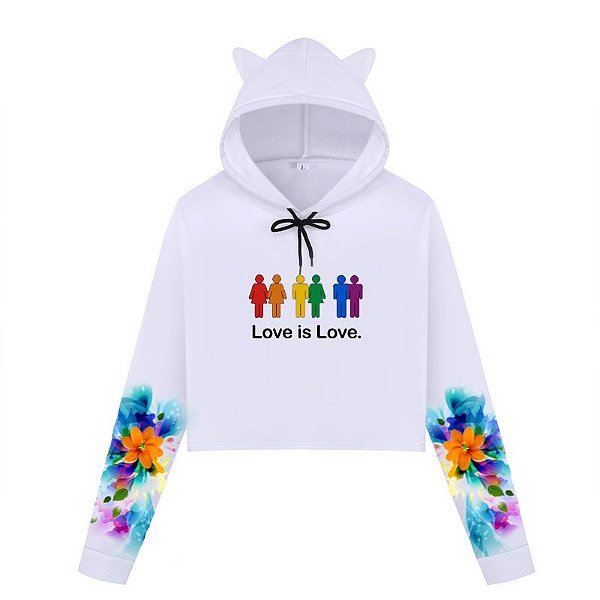 Cropped de moletom branco estampado nas mangas | Love is Love