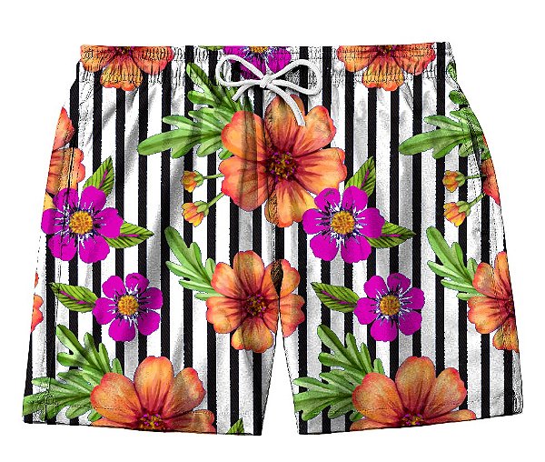 Short Masculino de Tactel | Listras P&B com Flores