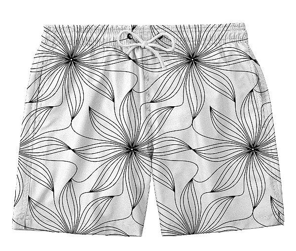 Short Masculino de Tactel | Flores Linhas P&B